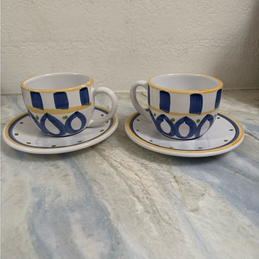Pottery Barn made in Italy cup mug saucer blue ceramic pottery hand painted